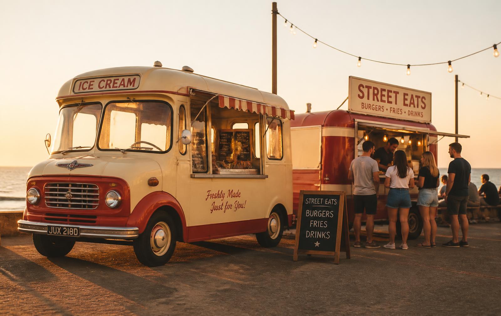 A vintage ice cream van and street food trailer parked on a promenade at sunset